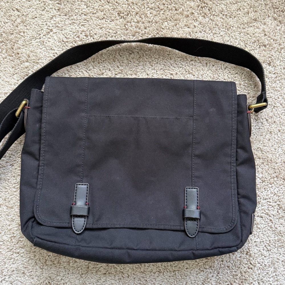 Fossil Black Canvas Messenger Bag Leather Trim Laptop Crossbody Shoulder Bag - Picture 2 of 12